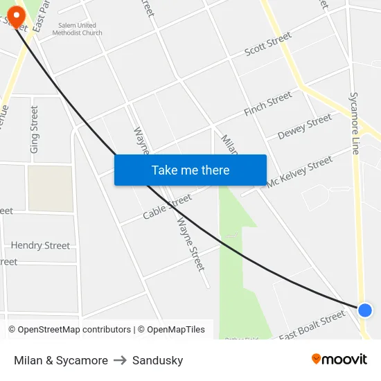Milan & Sycamore to Sandusky map