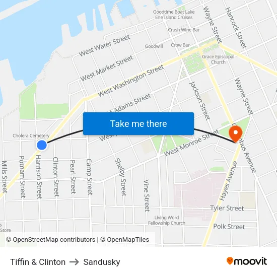 Tiffin & Clinton to Sandusky map