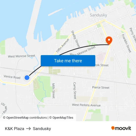 K&K Plaza to Sandusky map