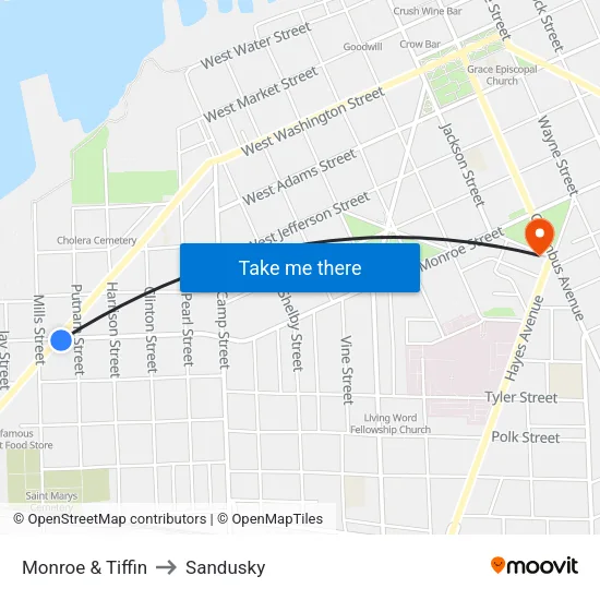 Monroe & Tiffin to Sandusky map