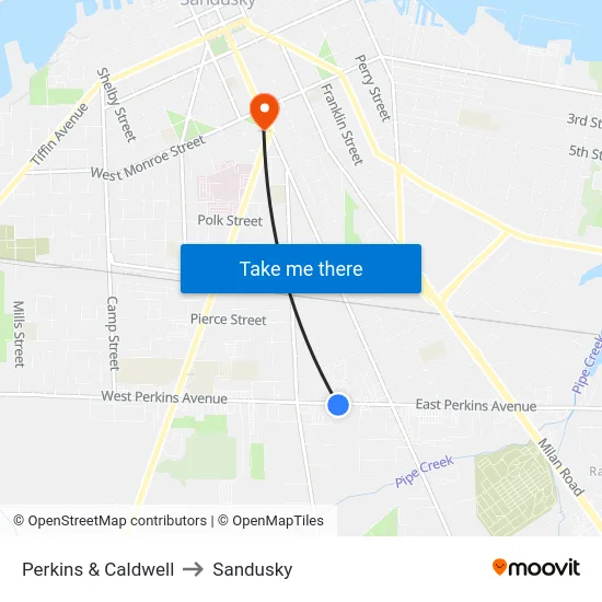 Perkins & Caldwell to Sandusky map