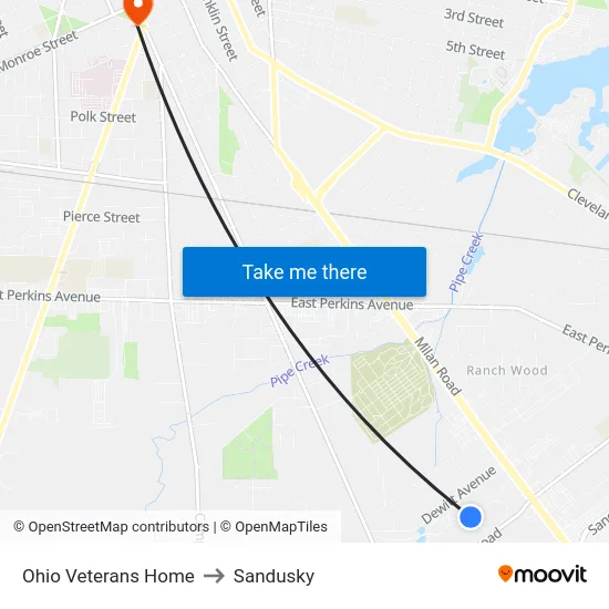 Ohio Veterans Home to Sandusky map