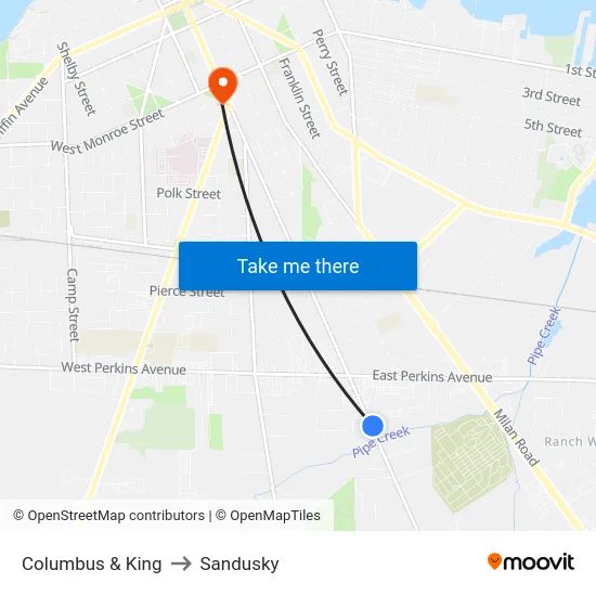 Columbus & King to Sandusky map