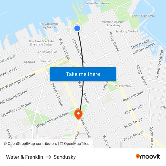 Water & Franklin to Sandusky map