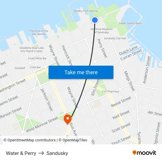 Water & Perry to Sandusky map