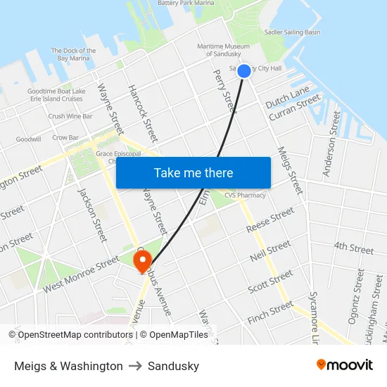 Meigs & Washington to Sandusky map