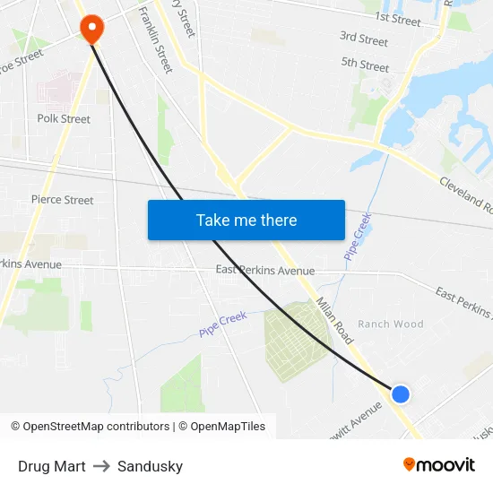 Drug Mart to Sandusky map