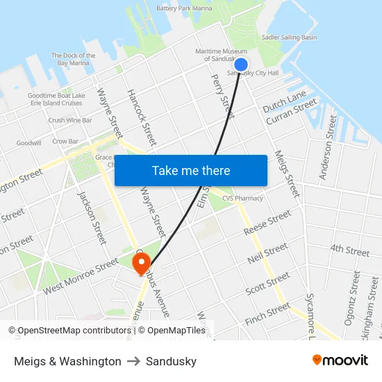 Meigs & Washington to Sandusky map