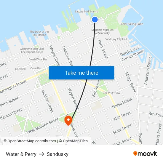 Water & Perry to Sandusky map