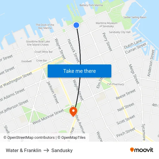 Water & Franklin to Sandusky map