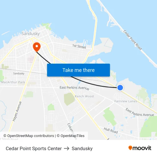 Cedar Point Sports Center to Sandusky map