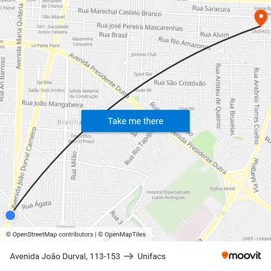 Avenida João Durval, 113-153 to Unifacs map