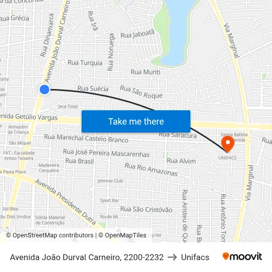 Avenida João Durval Carneiro, 2200-2232 to Unifacs map