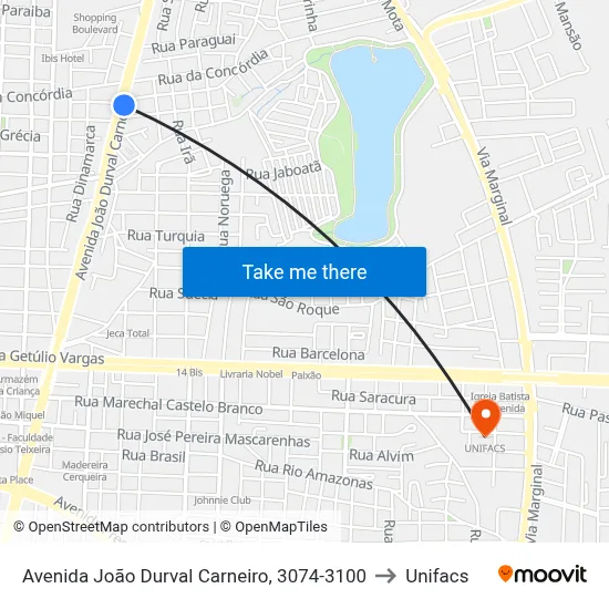 Avenida João Durval Carneiro, 3074-3100 to Unifacs map
