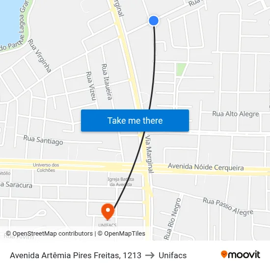 Avenida Artêmia Pires Freitas, 1213 to Unifacs map
