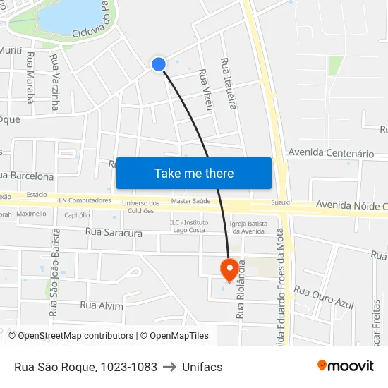 Rua São Roque, 1023-1083 to Unifacs map