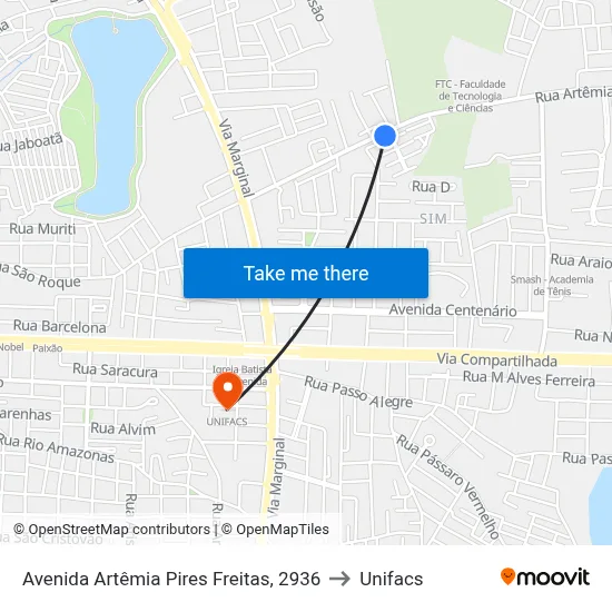 Avenida Artêmia Pires Freitas, 2936 to Unifacs map