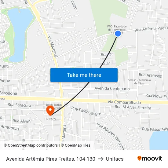 Avenida Artêmia Pires Freitas, 104-130 to Unifacs map
