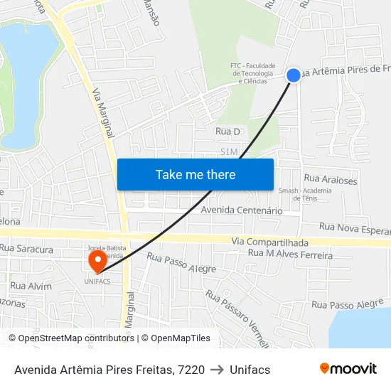 Avenida Artêmia Pires Freitas, 7220 to Unifacs map