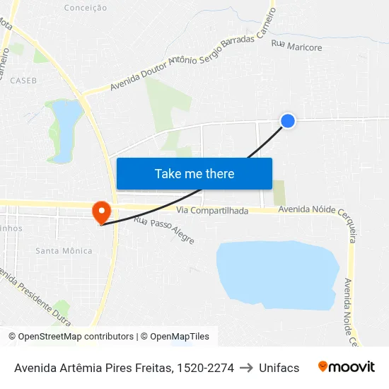 Avenida Artêmia Pires Freitas, 1520-2274 to Unifacs map