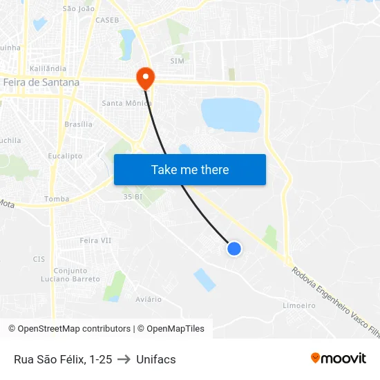 Rua São Félix, 1-25 to Unifacs map