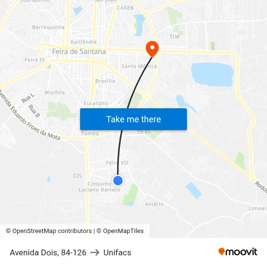Avenida Dois, 84-126 to Unifacs map