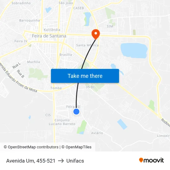 Avenida Um, 455-521 to Unifacs map
