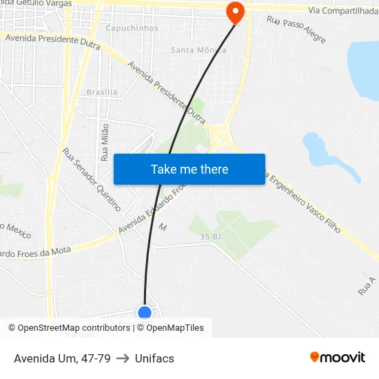 Avenida Um, 47-79 to Unifacs map