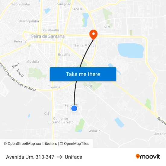 Avenida Um, 313-347 to Unifacs map