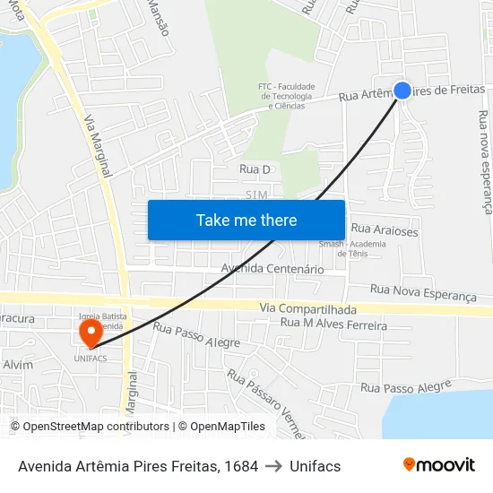 Avenida Artêmia Pires Freitas, 1684 to Unifacs map