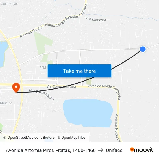 Avenida Artêmia Pires Freitas, 1400-1460 to Unifacs map