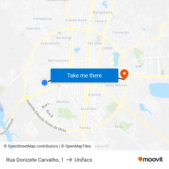 Rua Donizete Carvalho, 1 to Unifacs map
