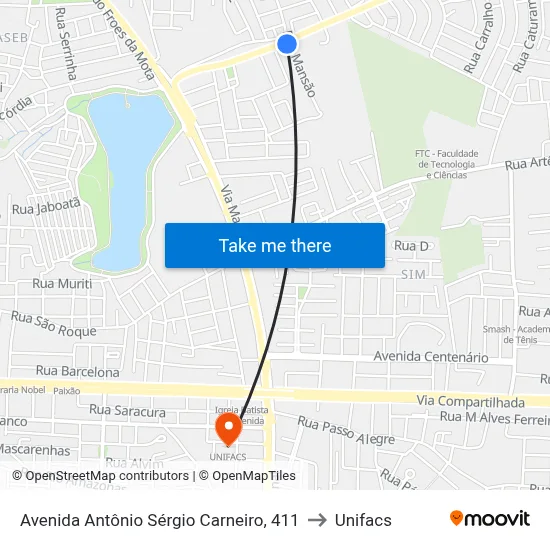 Avenida Antônio Sérgio Carneiro, 411 to Unifacs map