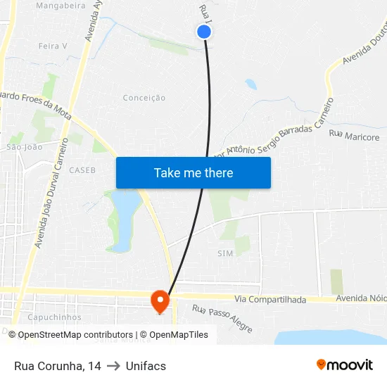 Rua Corunha, 14 to Unifacs map