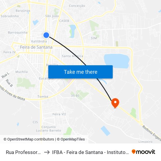Rua Professora Edelvira De Oliveira, 408 to IFBA - Feira de Santana - Instituto Federal de Educação Ciencias e Tecnologia da Bahia map
