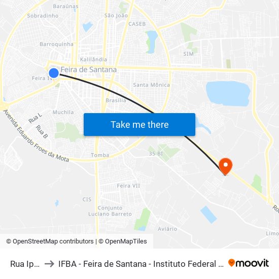 Rua Ipira, 117-A to IFBA - Feira de Santana - Instituto Federal de Educação Ciencias e Tecnologia da Bahia map