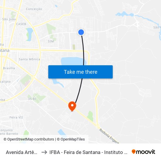 Avenida Artêmia Pires Freitas, 1671 to IFBA - Feira de Santana - Instituto Federal de Educação Ciencias e Tecnologia da Bahia map