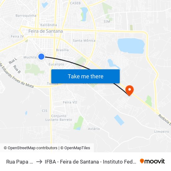Rua Papa João Xxiii, 1251 to IFBA - Feira de Santana - Instituto Federal de Educação Ciencias e Tecnologia da Bahia map
