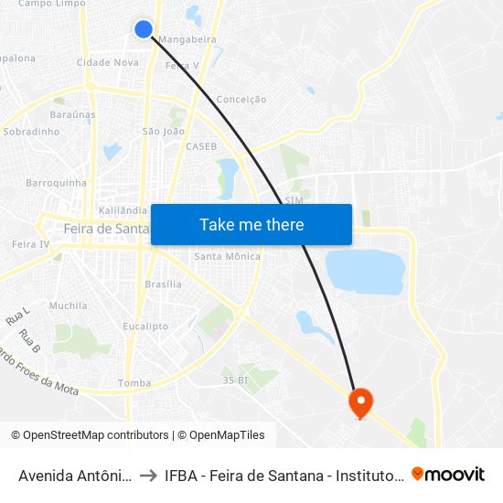 Avenida Antônio Carlos Magalhães, 1333 to IFBA - Feira de Santana - Instituto Federal de Educação Ciencias e Tecnologia da Bahia map