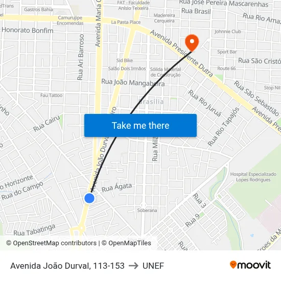 Avenida João Durval, 113-153 to UNEF map