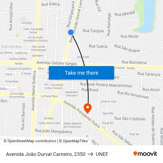 Avenida João Durval Carneiro, 2350 to UNEF map