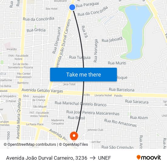 Avenida João Durval Carneiro, 3236 to UNEF map
