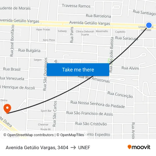 Avenida Getúlio Vargas, 3404 to UNEF map