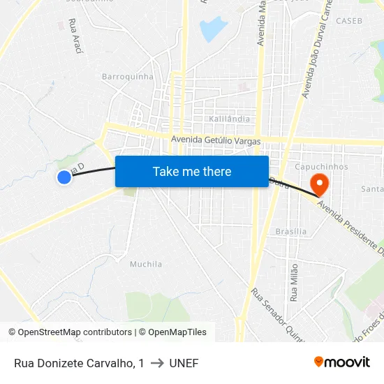Rua Donizete Carvalho, 1 to UNEF map