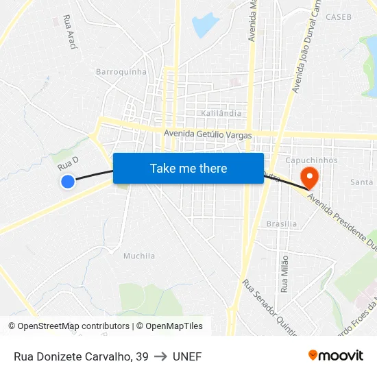 Rua Donizete Carvalho, 39 to UNEF map