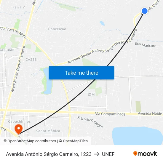 Avenida Antônio Sérgio Carneiro, 1223 to UNEF map