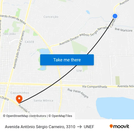 Avenida Antônio Sérgio Carneiro, 3310 to UNEF map