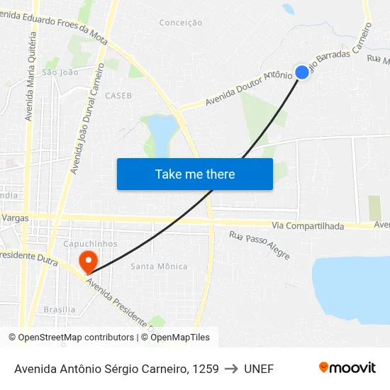 Avenida Antônio Sérgio Carneiro, 1259 to UNEF map