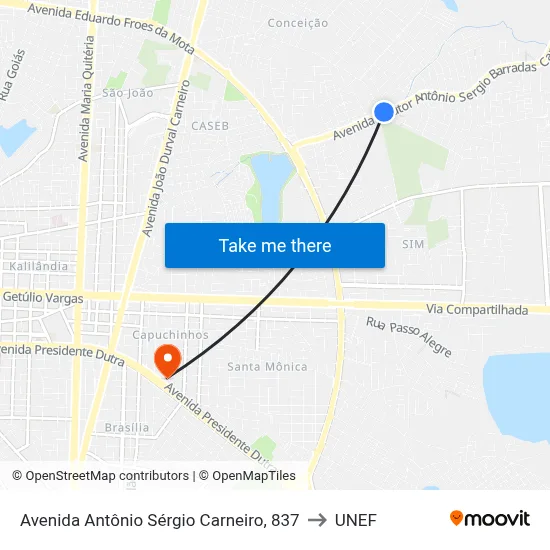 Avenida Antônio Sérgio Carneiro, 837 to UNEF map