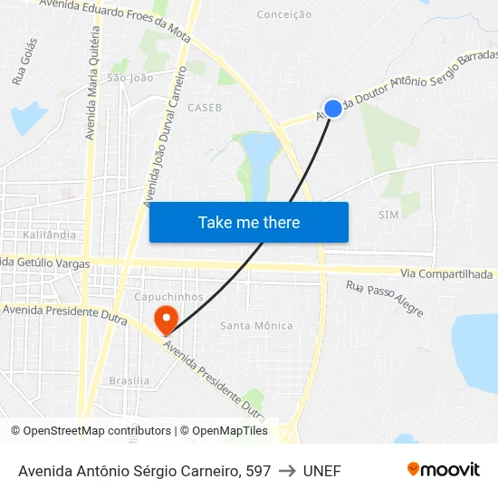 Avenida Antônio Sérgio Carneiro, 597 to UNEF map